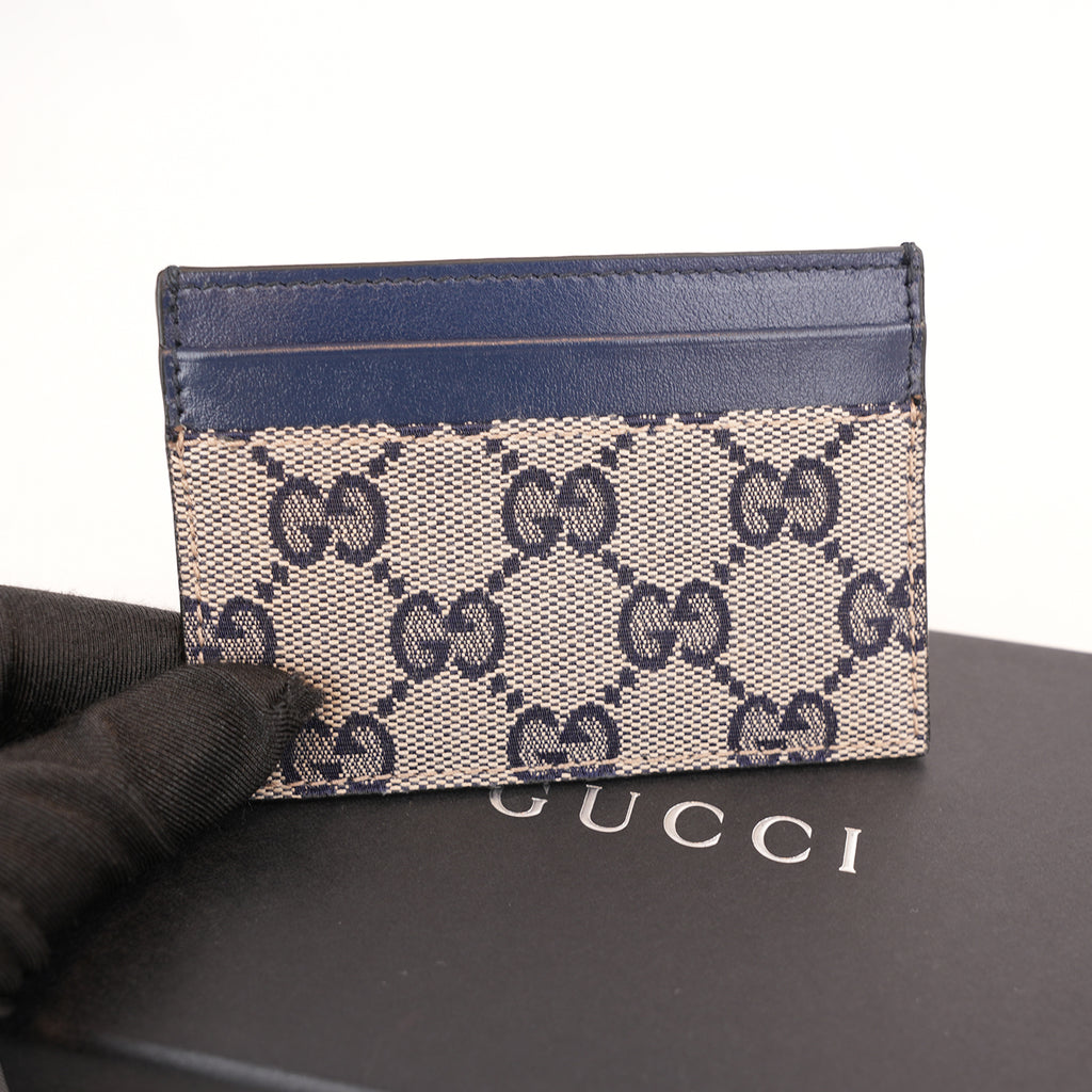 Gucci Portacarte GG Monogram in Tessuto Beige e Blu Navy con Finiture in Pelle Blu