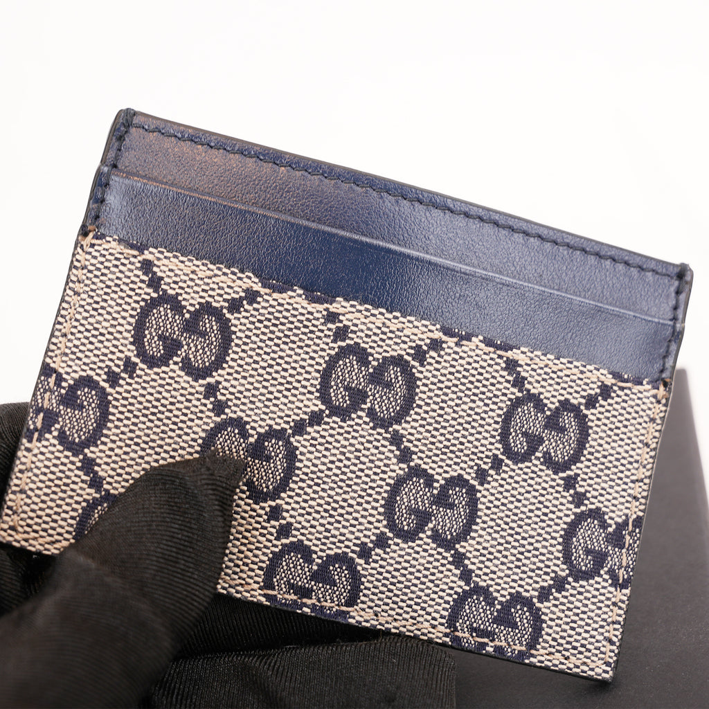 Gucci Portacarte GG Monogram in Tessuto Beige e Blu Navy con Finiture in Pelle Blu