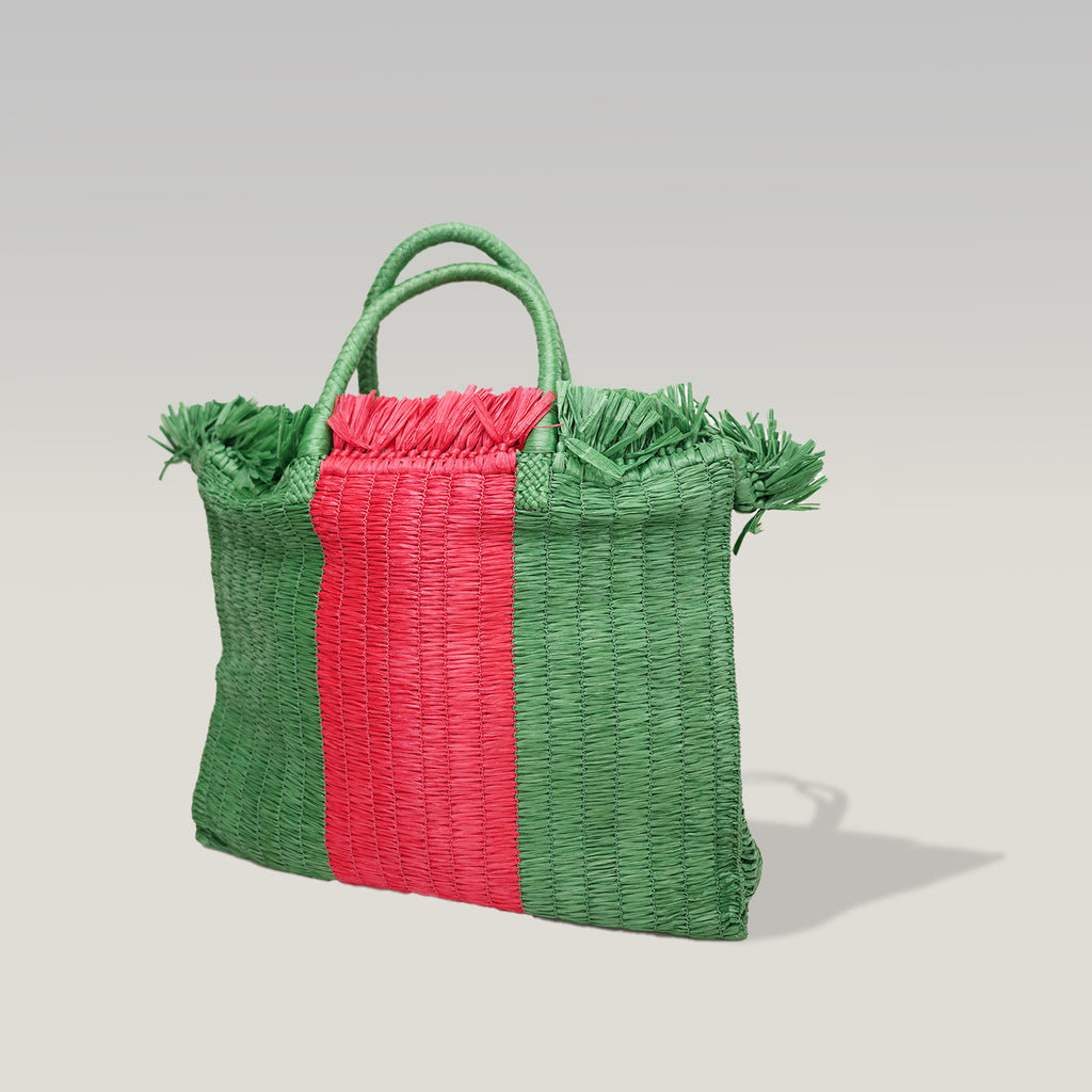 Gucci Raffia Cestino Tote Bag Verde e Rosa in Paglia Intrecciata con Pochette Interna