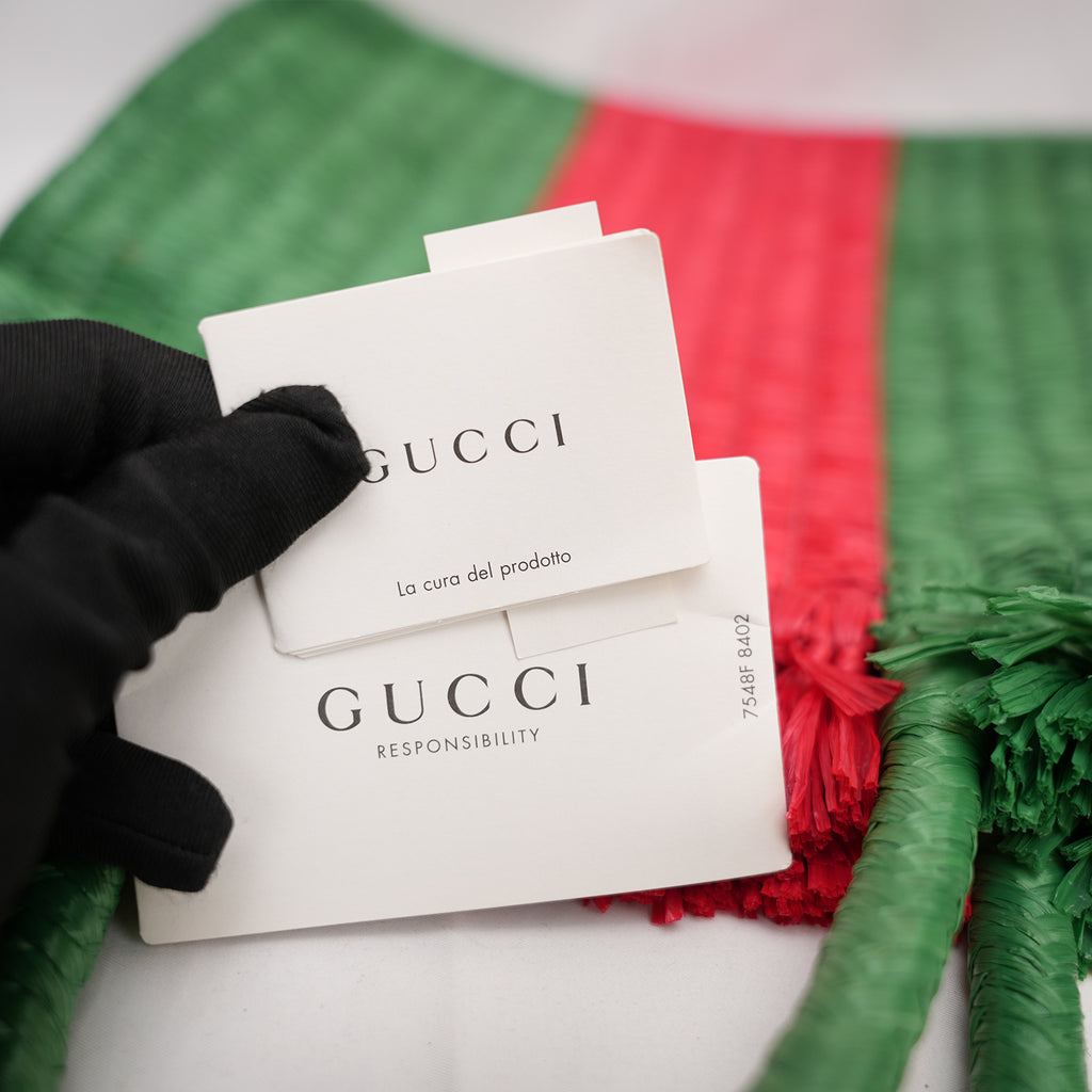 Gucci Raffia Cestino Tote Bag Verde e Rosa in Paglia Intrecciata con Pochette Interna