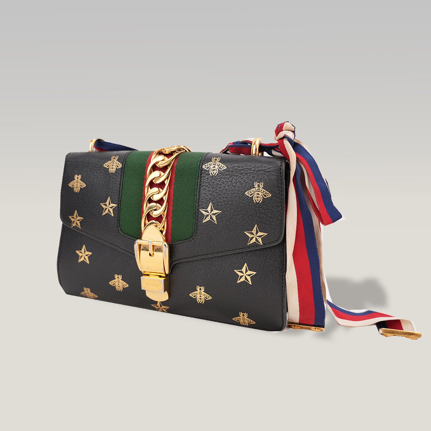 Gucci Sylvie Small Bee Star Leather Shoulder Bag Black con Web Stripe e Nastro
