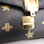 Gucci Sylvie Small Bee Star Leather Shoulder Bag Black con Web Stripe e Nastro