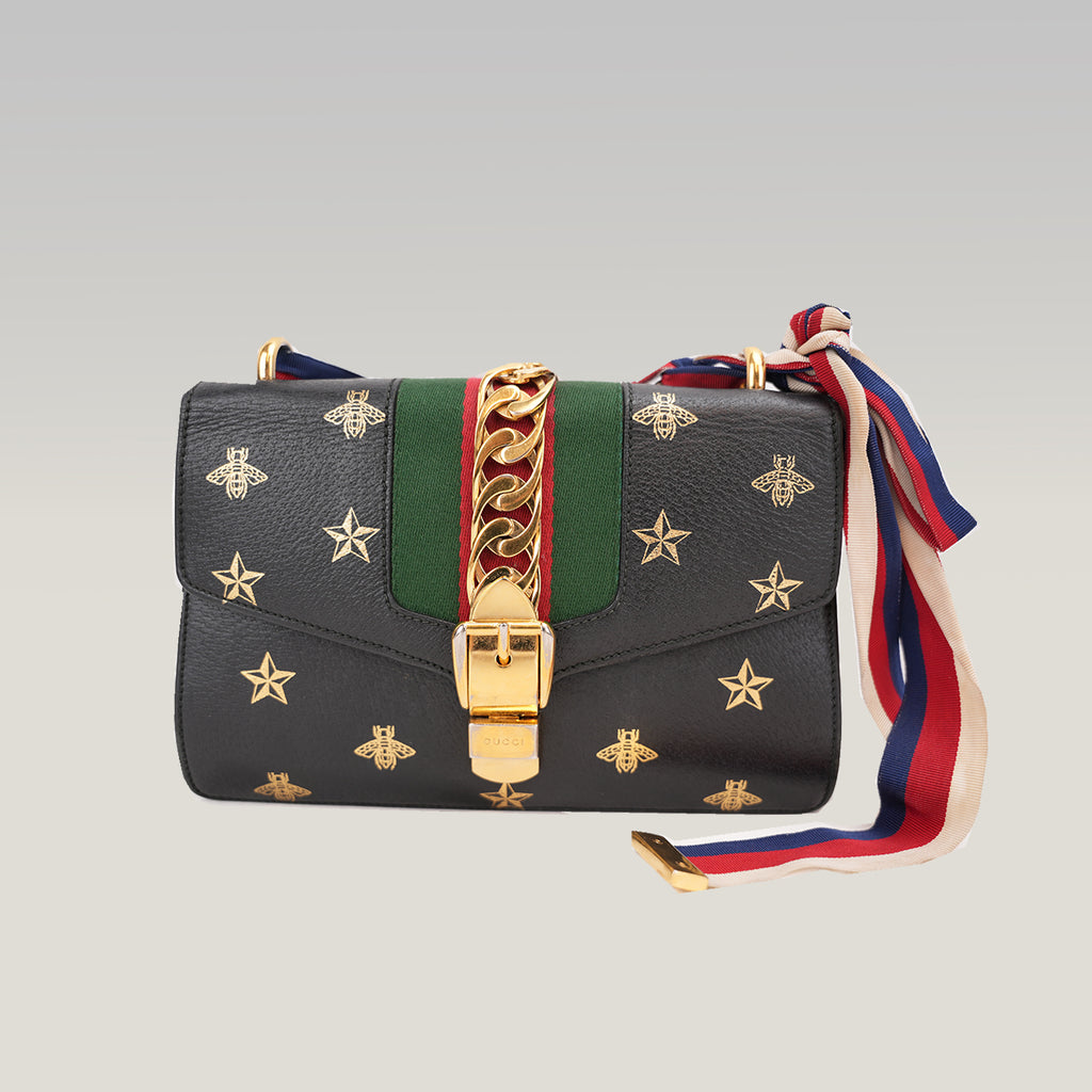 Gucci Sylvie Small Bee Star Leather Shoulder Bag Black con Web Stripe e Nastro