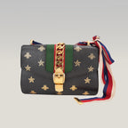 Gucci Sylvie Small Bee Star Leather Shoulder Bag Black con Web Stripe e Nastro