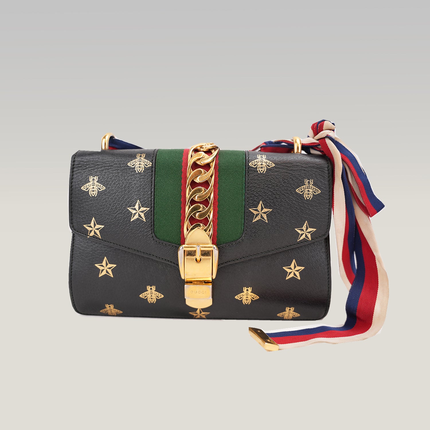 Gucci Sylvie Small Bee Star Leather Shoulder Bag Black con Web Stripe e Nastro