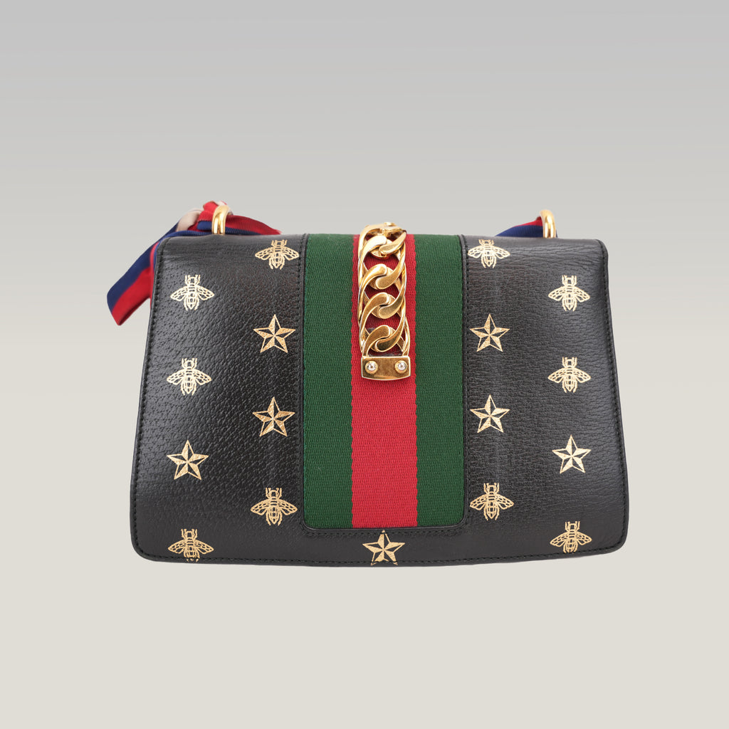 Gucci Sylvie Small Bee Star Leather Shoulder Bag Black con Web Stripe e Nastro