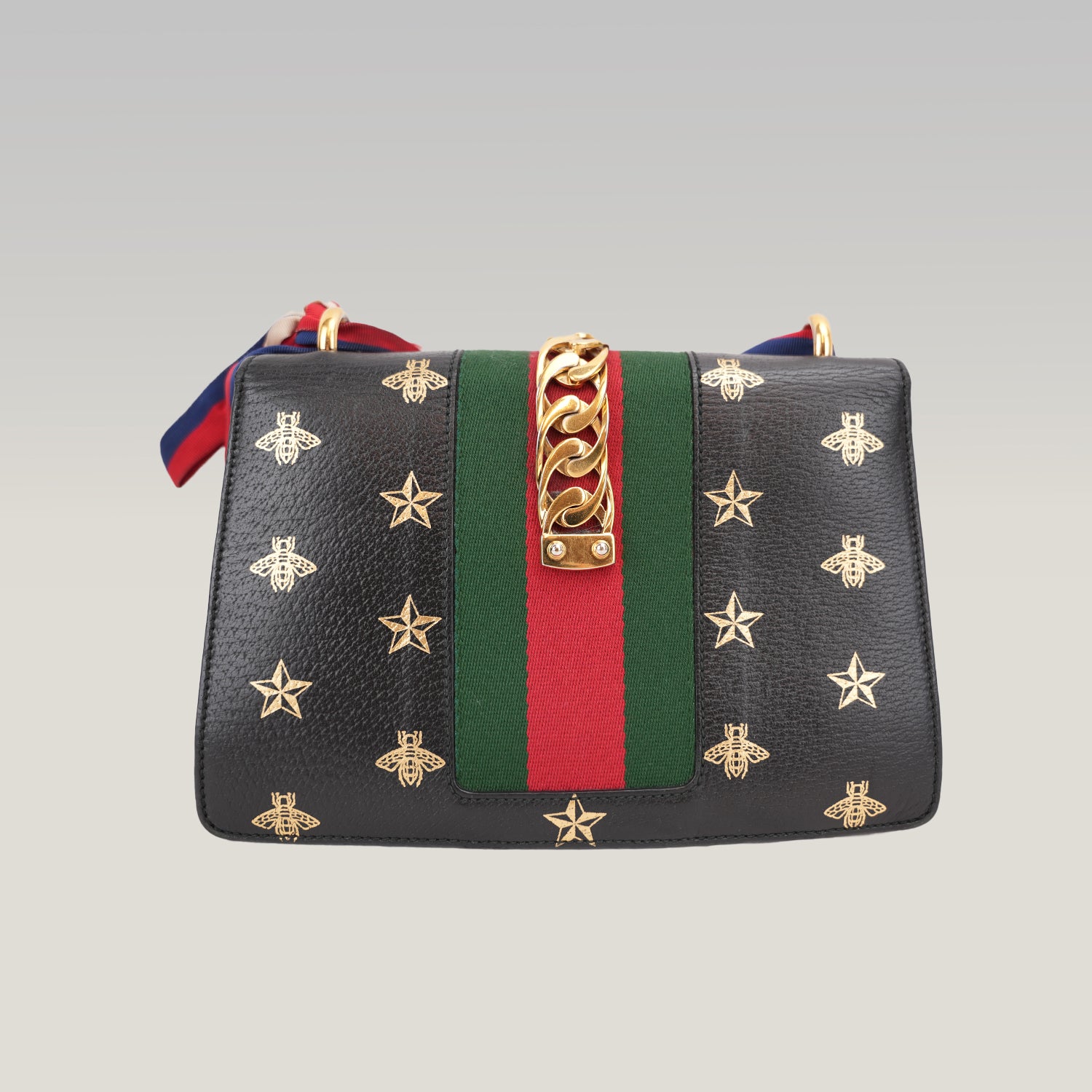 Gucci Sylvie Small Bee Star Leather Shoulder Bag Black con Web Stripe e Nastro