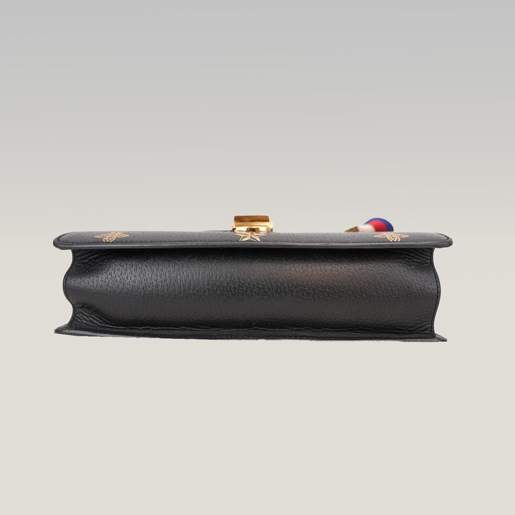 Gucci Sylvie Small Bee Star Leather Shoulder Bag Black con Web Stripe e Nastro