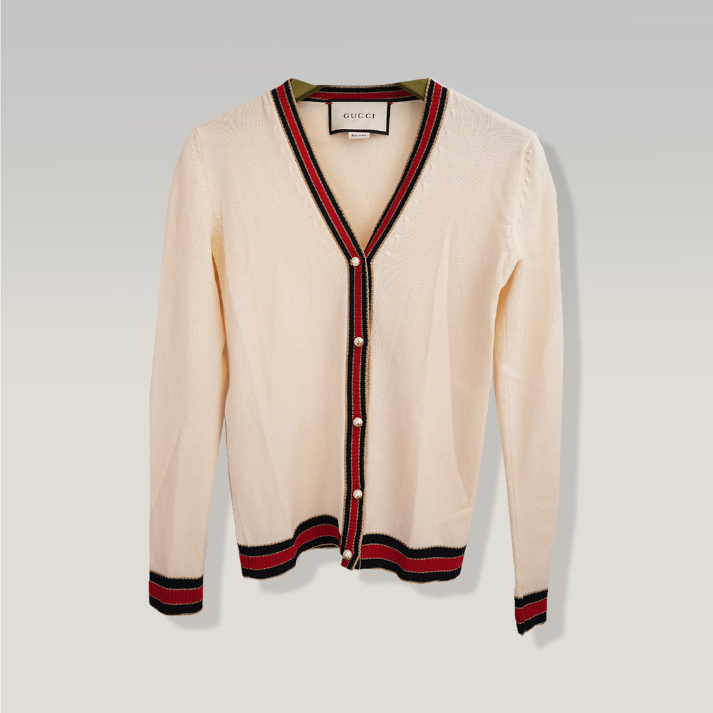 Gucci Cardigan in Lana Colorblock con Bottoni Perla Web Stripe