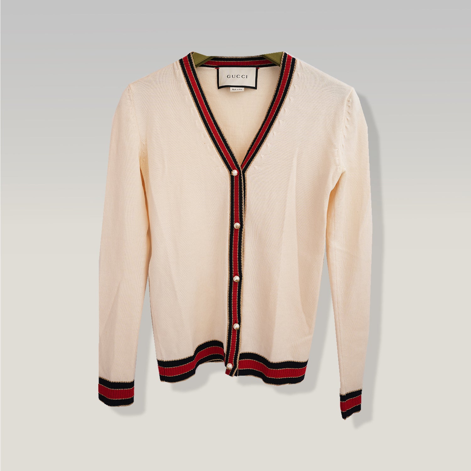 Gucci Cardigan in Lana Colorblock con Bottoni Perla Web Stripe