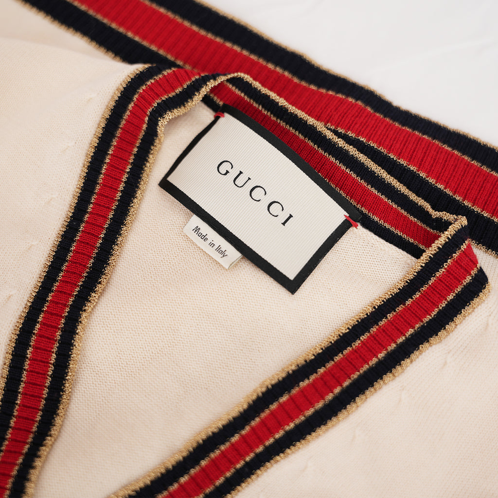 Gucci Cardigan in Lana Colorblock con Bottoni Perla Web Stripe