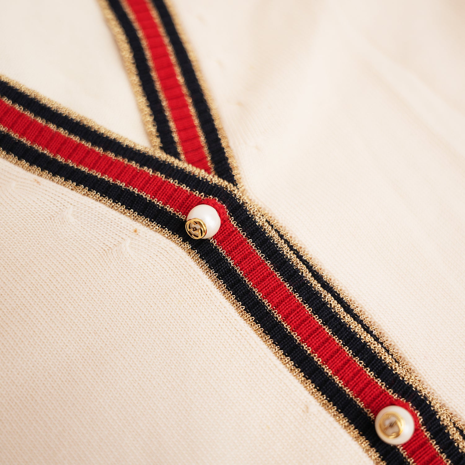 Gucci Cardigan in Lana Colorblock con Bottoni Perla Web Stripe