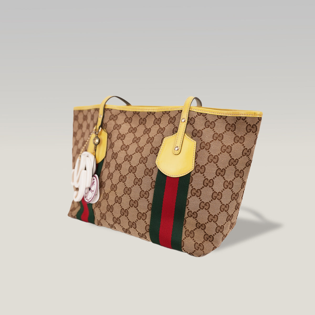 Gucci Vintage Borsa Tote Piccola in Tela GG con Web Verde e Rosso