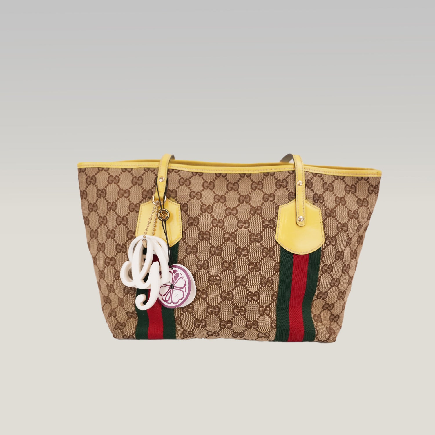 Gucci Vintage Borsa Tote Piccola in Tela GG con Web Verde e Rosso
