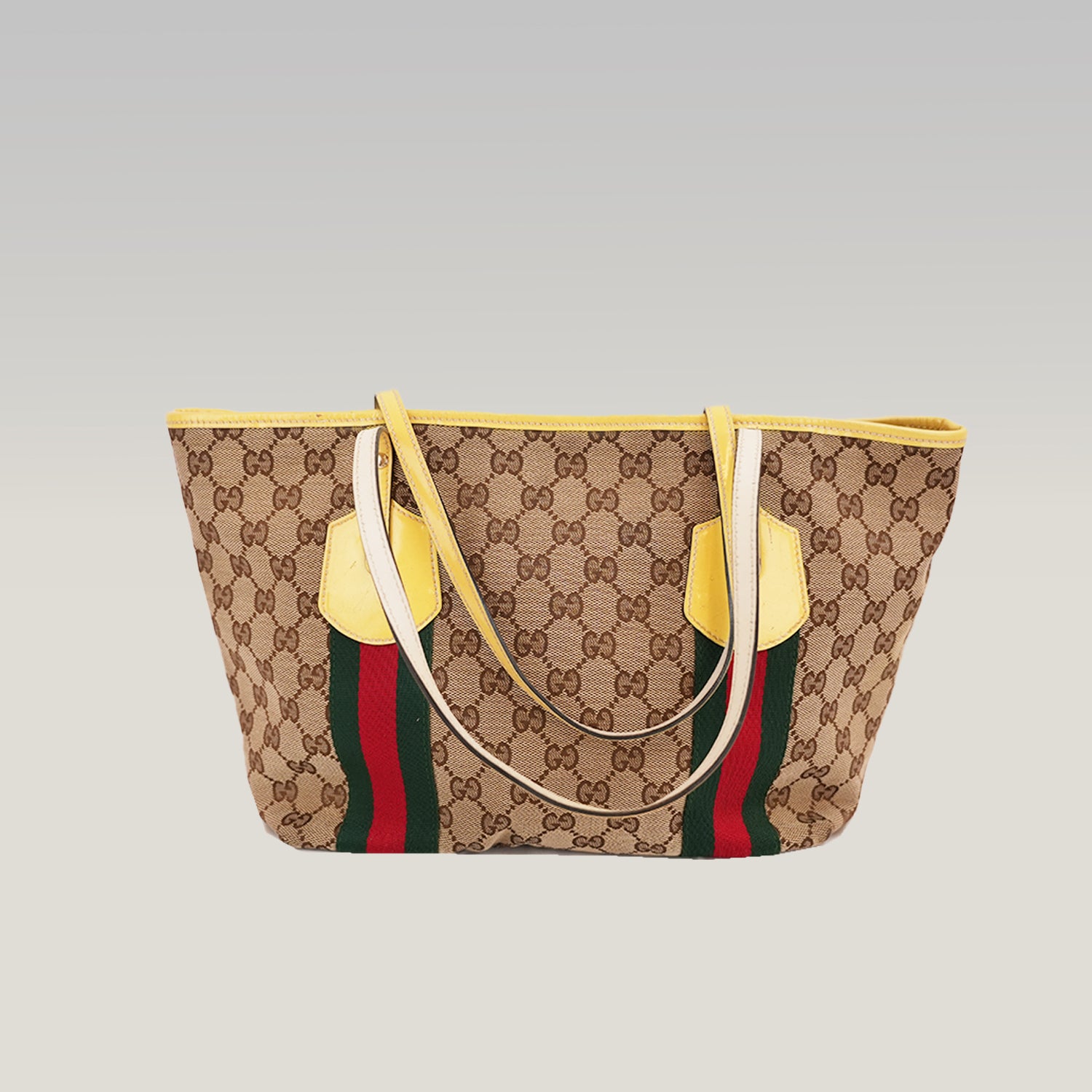 Gucci Vintage Borsa Tote Piccola in Tela GG con Web Verde e Rosso