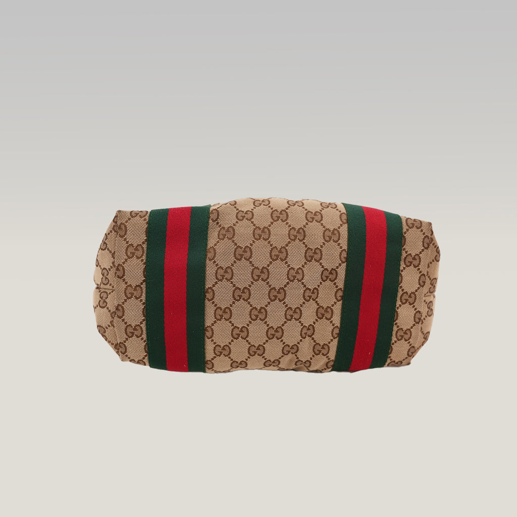 Gucci Vintage Borsa Tote Piccola in Tela GG con Web Verde e Rosso