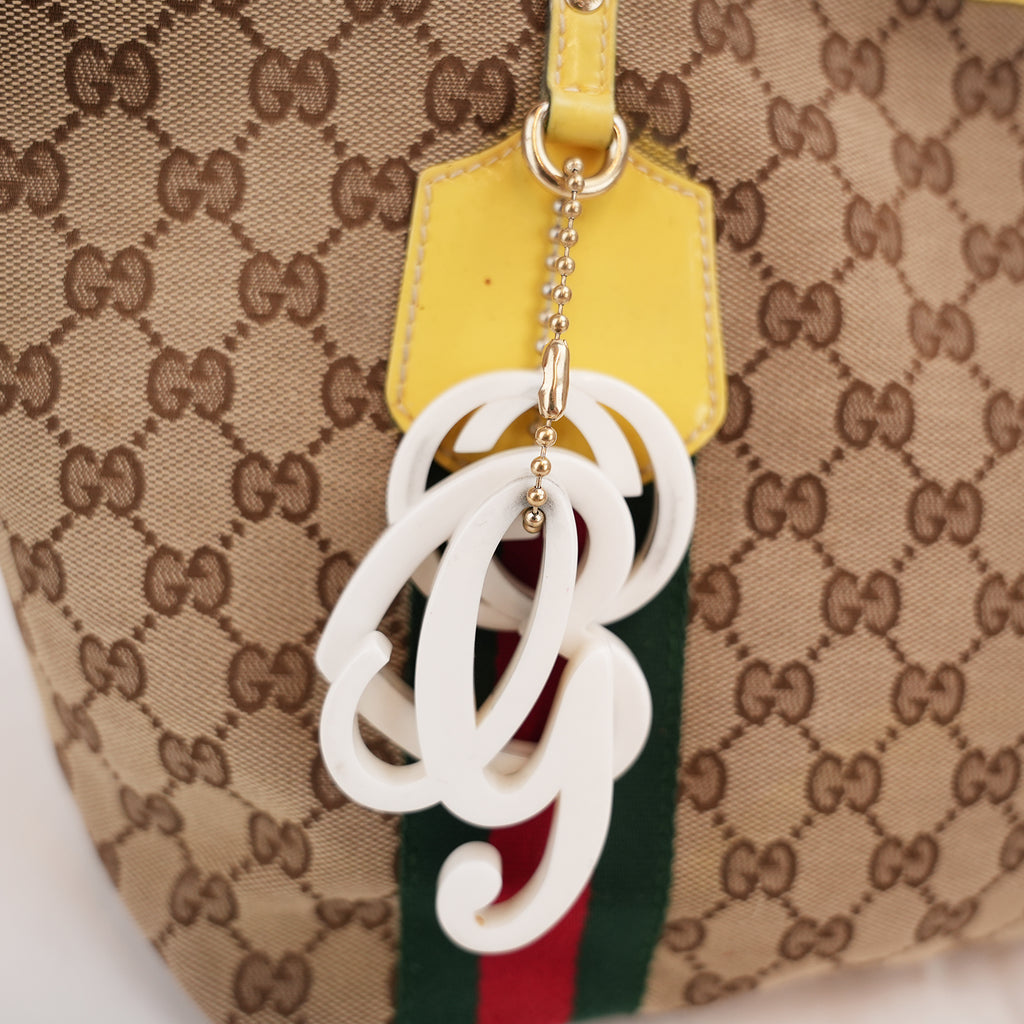 Gucci Vintage Borsa Tote Piccola in Tela GG con Web Verde e Rosso