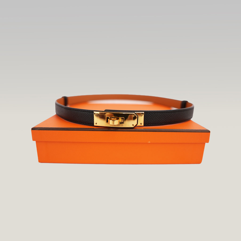 Cintura Hermès Kelly 18 Nera in Pelle Epsom con Fibbia Dorata e Scatola