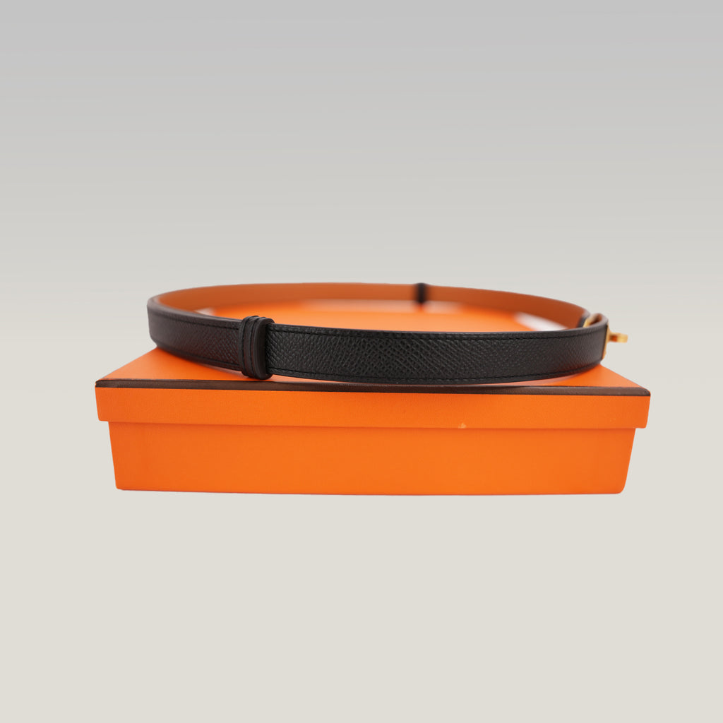 Cintura Hermès Kelly 18 Nera in Pelle Epsom con Fibbia Dorata e Scatola
