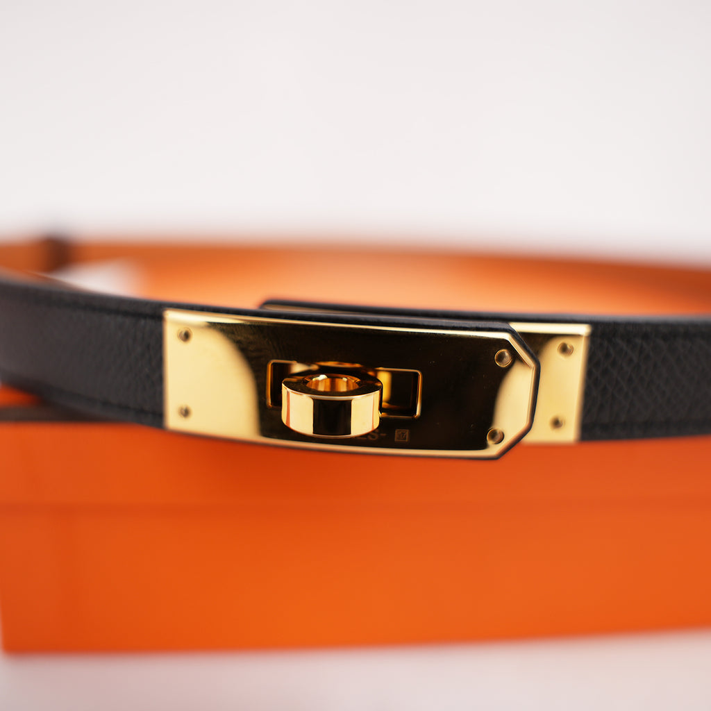 Cintura Hermès Kelly 18 Nera in Pelle Epsom con Fibbia Dorata e Scatola
