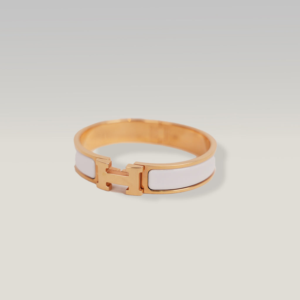 Hermès Clic Clac H PM Bracciale Rigido in Metallo Dorato con Smalto Bianco