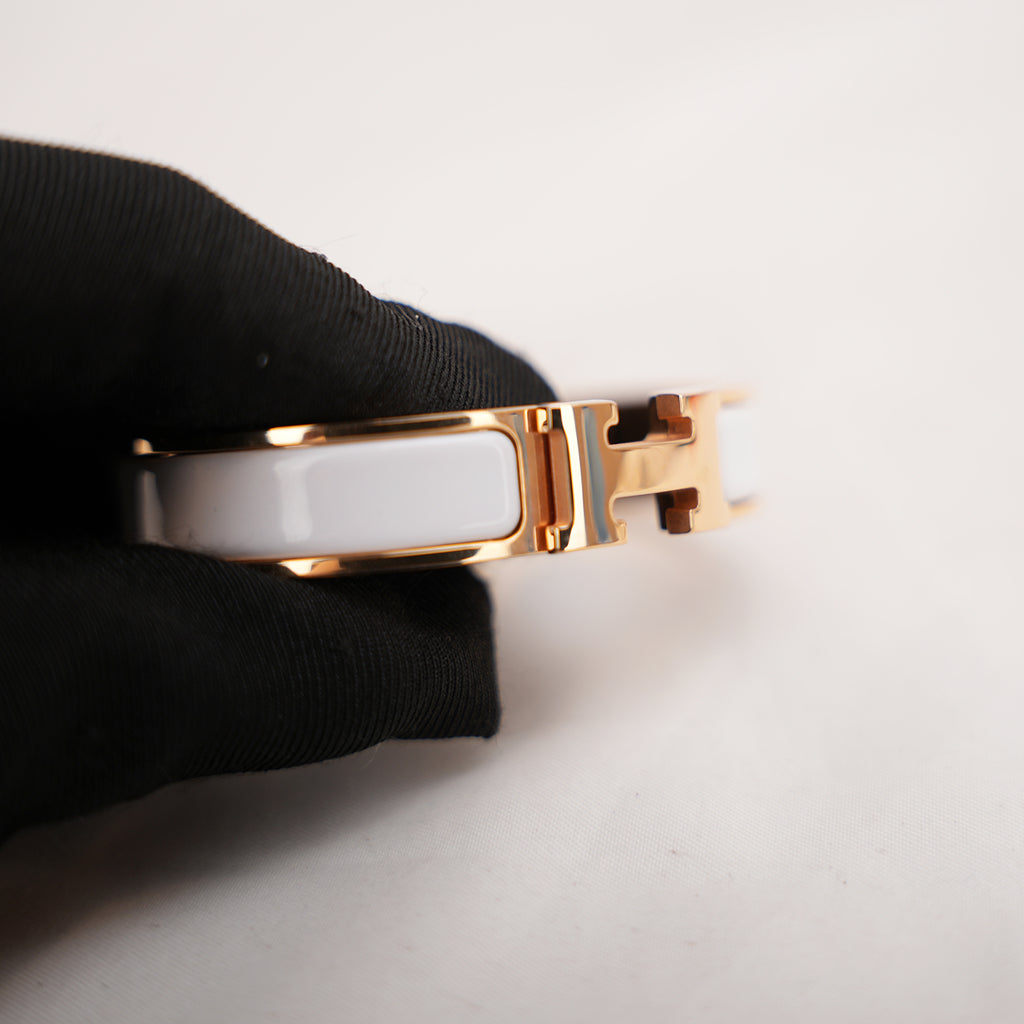 Hermès Clic Clac H PM Bracciale Rigido in Metallo Dorato con Smalto Bianco