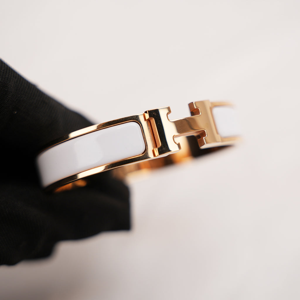 Hermès Clic Clac H PM Bracciale Rigido in Metallo Dorato con Smalto Bianco