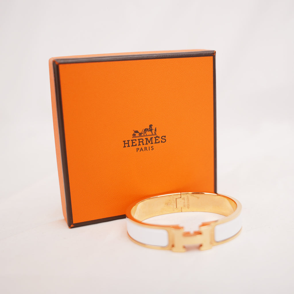 Hermès Clic Clac H PM Bracciale Rigido in Metallo Dorato con Smalto Bianco