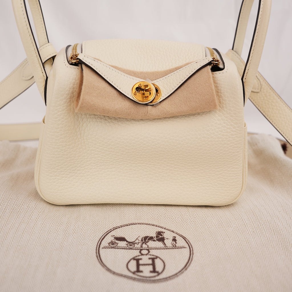 Borsa Hermès Mini Lindy 20 Bianco Milkshake in Pelle con Hardware Dorato