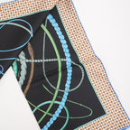 Hermès Fouets et Badines Foulard Carré 90 in Seta Nera Multicolore con Motivi Equestri e Bordi Geometrici