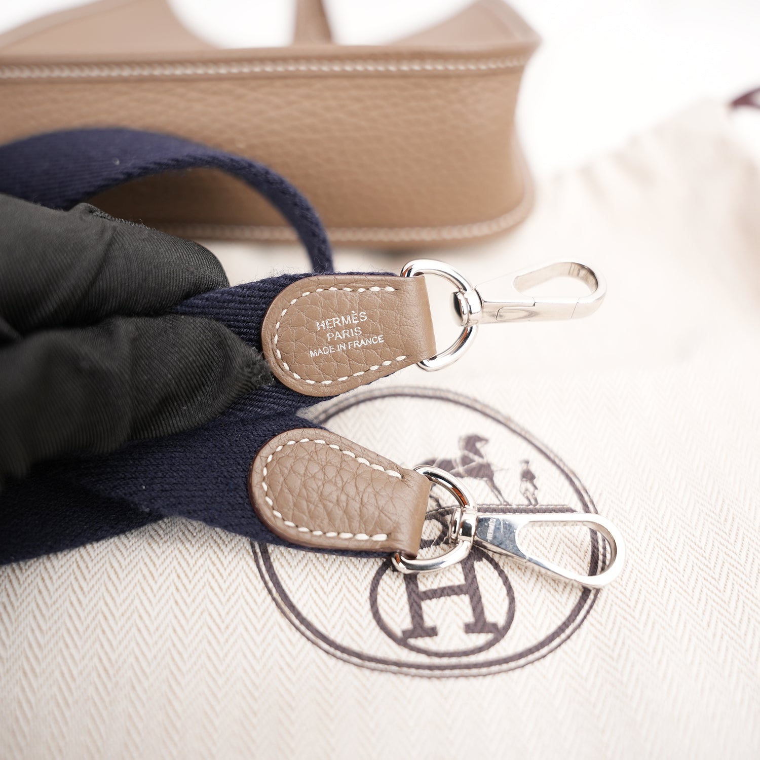 Hermès Evelyne TPM 16 Clemence Leather Crossbody Bag in Etoupe & Bleu Indigo