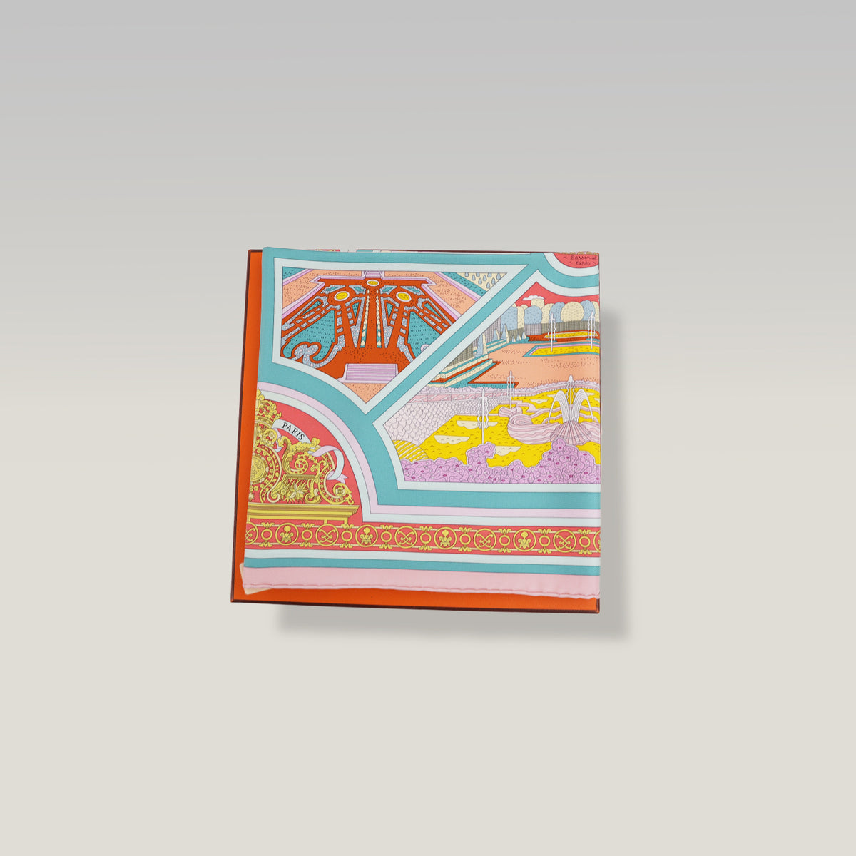 Hermès Flânerie à Versailles Foulard Carré 90 in Seta Multicolore Rosa, Turchese e Arancione con Stampa Artistica