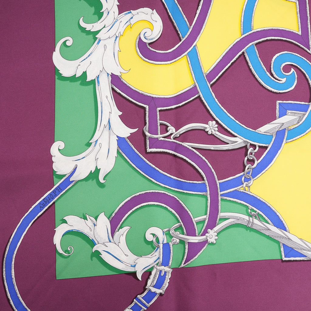 Hermès L'Instruction du Roy en l'Exercice de Monter à Cheval Foulard Carré 90 in Seta Viola Multicolore con Motivi Equestri