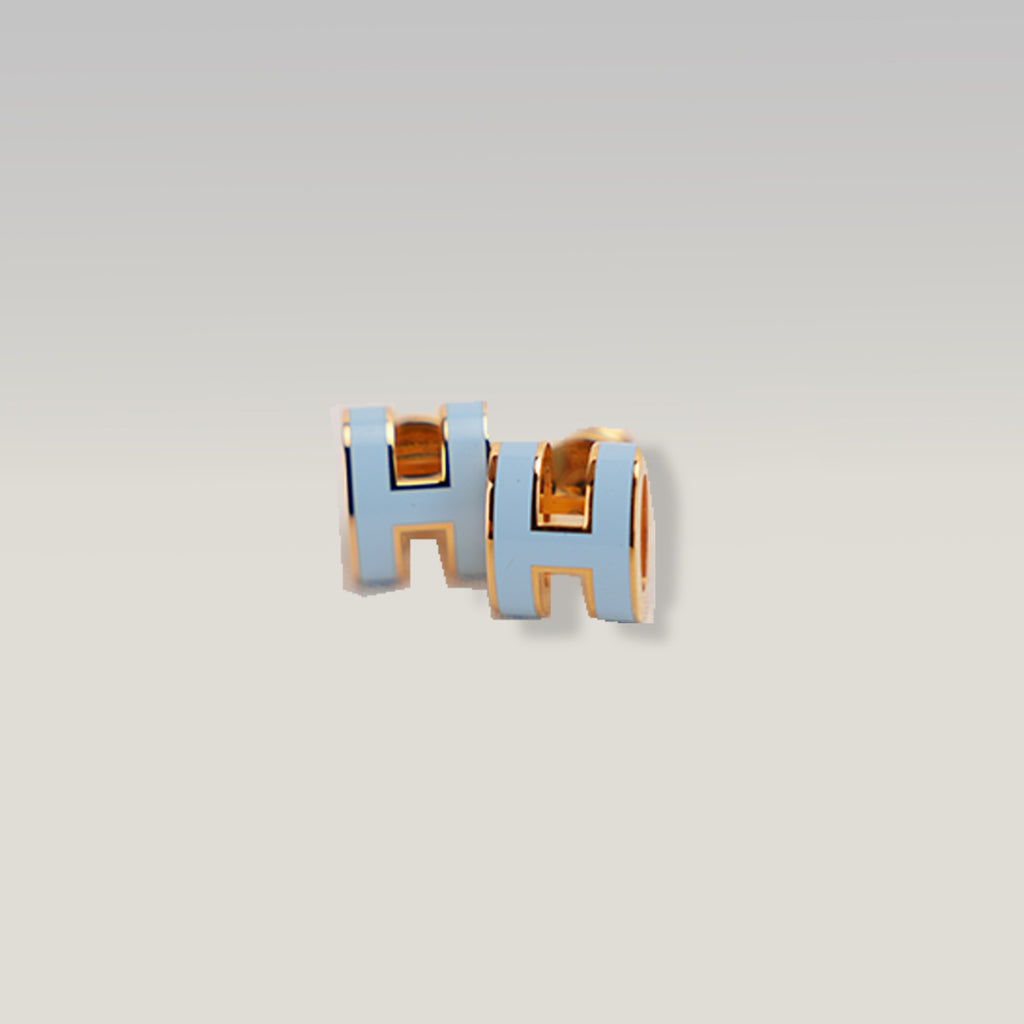 Hermès Pop H Mini Orecchini a Lobo Nuovi in Metallo Dorato con Smalto Azzurro