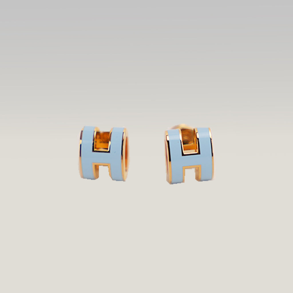 Hermès Pop H Mini Orecchini a Lobo Nuovi in Metallo Dorato con Smalto Azzurro