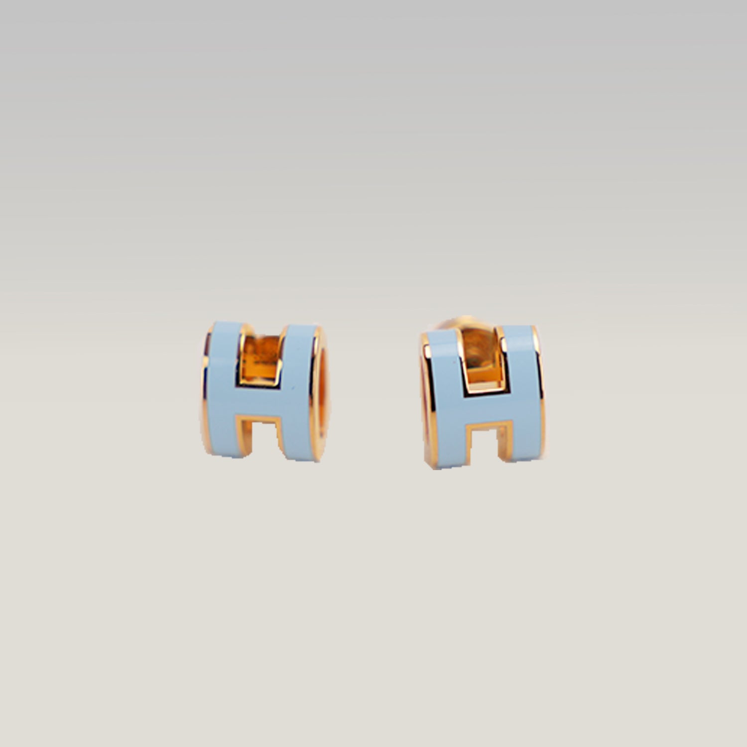 Hermès Pop H Mini Orecchini a Lobo Nuovi in Metallo Dorato con Smalto Azzurro