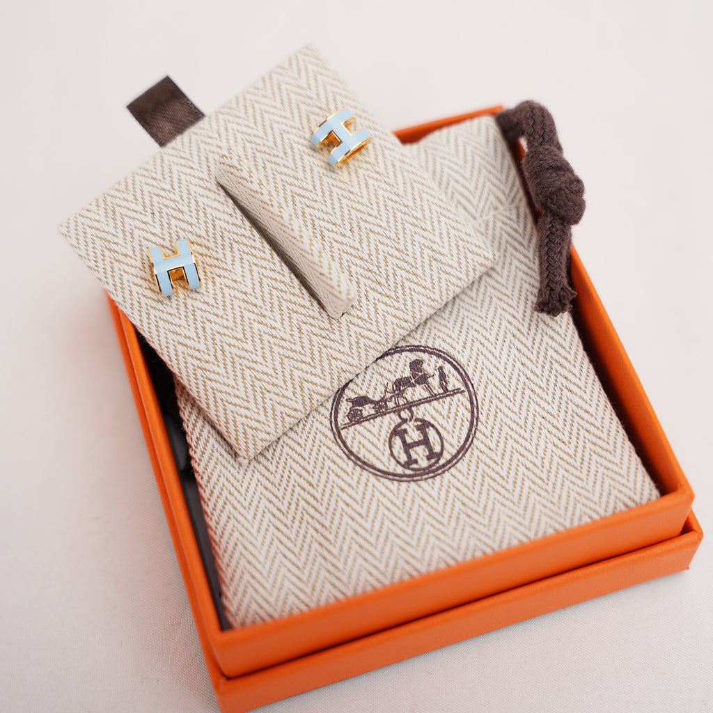 Hermès Pop H Mini Orecchini a Lobo Nuovi in Metallo Dorato con Smalto Azzurro