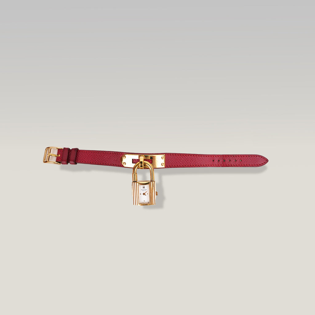 Hermès Montre Kelly KE1.201 Orologio Donna in Pelle Epsom Rossa con Cassa Dorata Double Tour