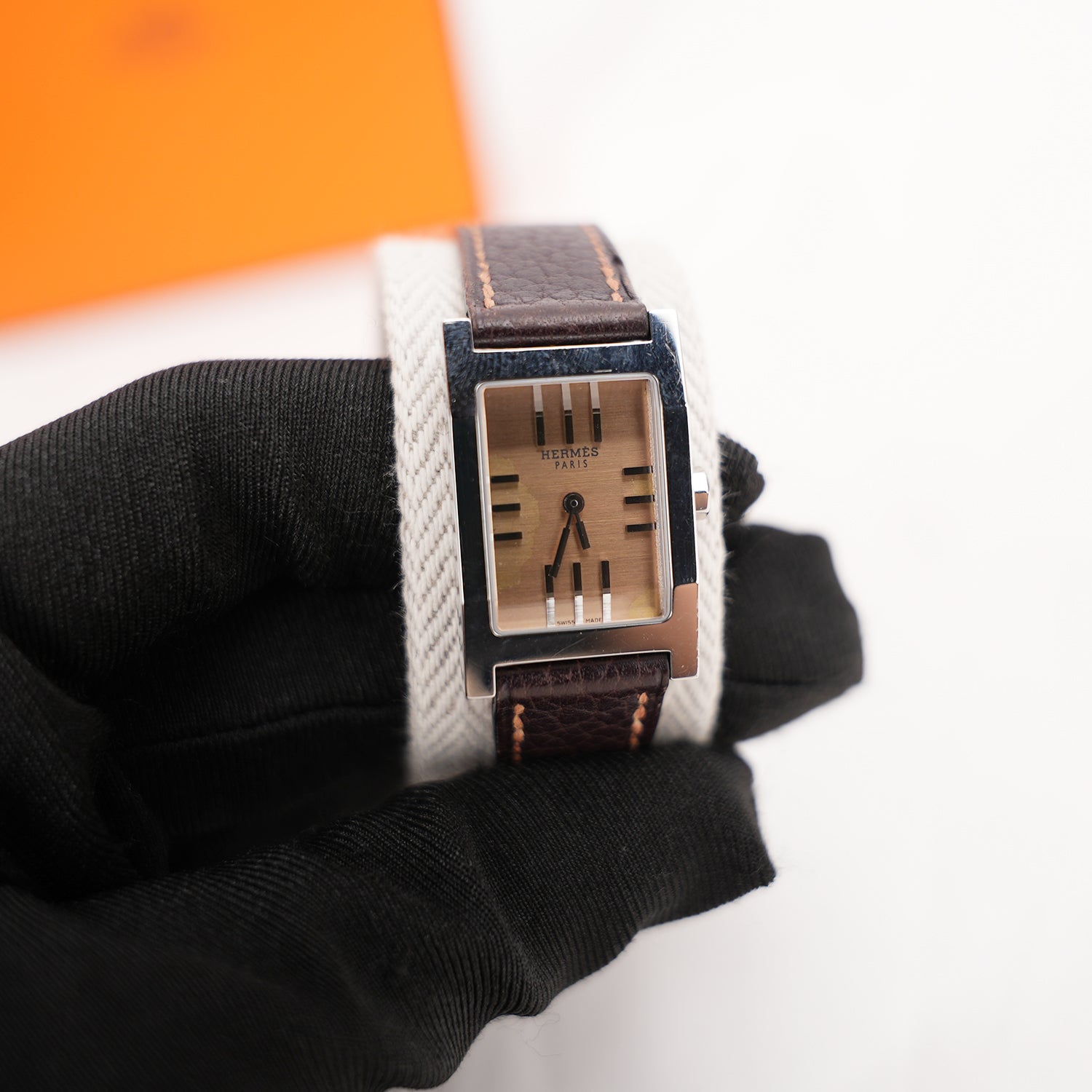 Hermès Tandem Watch Donna in Acciaio Inossidabile con Cinturino Double Tour in Pelle Marrone