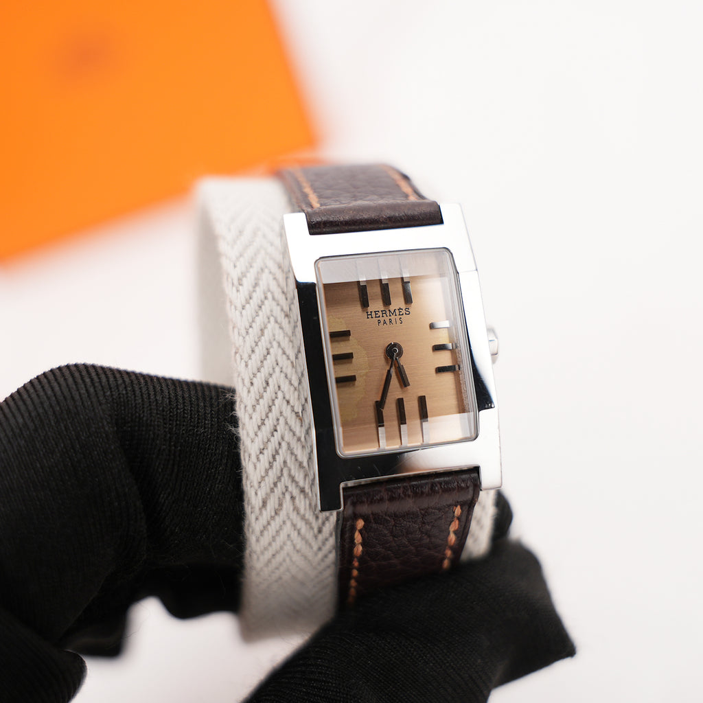 Hermès Tandem Watch Donna in Acciaio Inossidabile con Cinturino Double Tour in Pelle Marrone