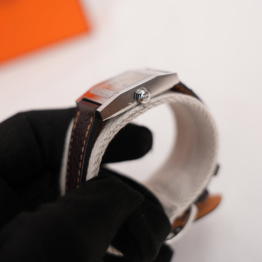 Hermès Tandem Watch Donna in Acciaio Inossidabile con Cinturino Double Tour in Pelle Marrone