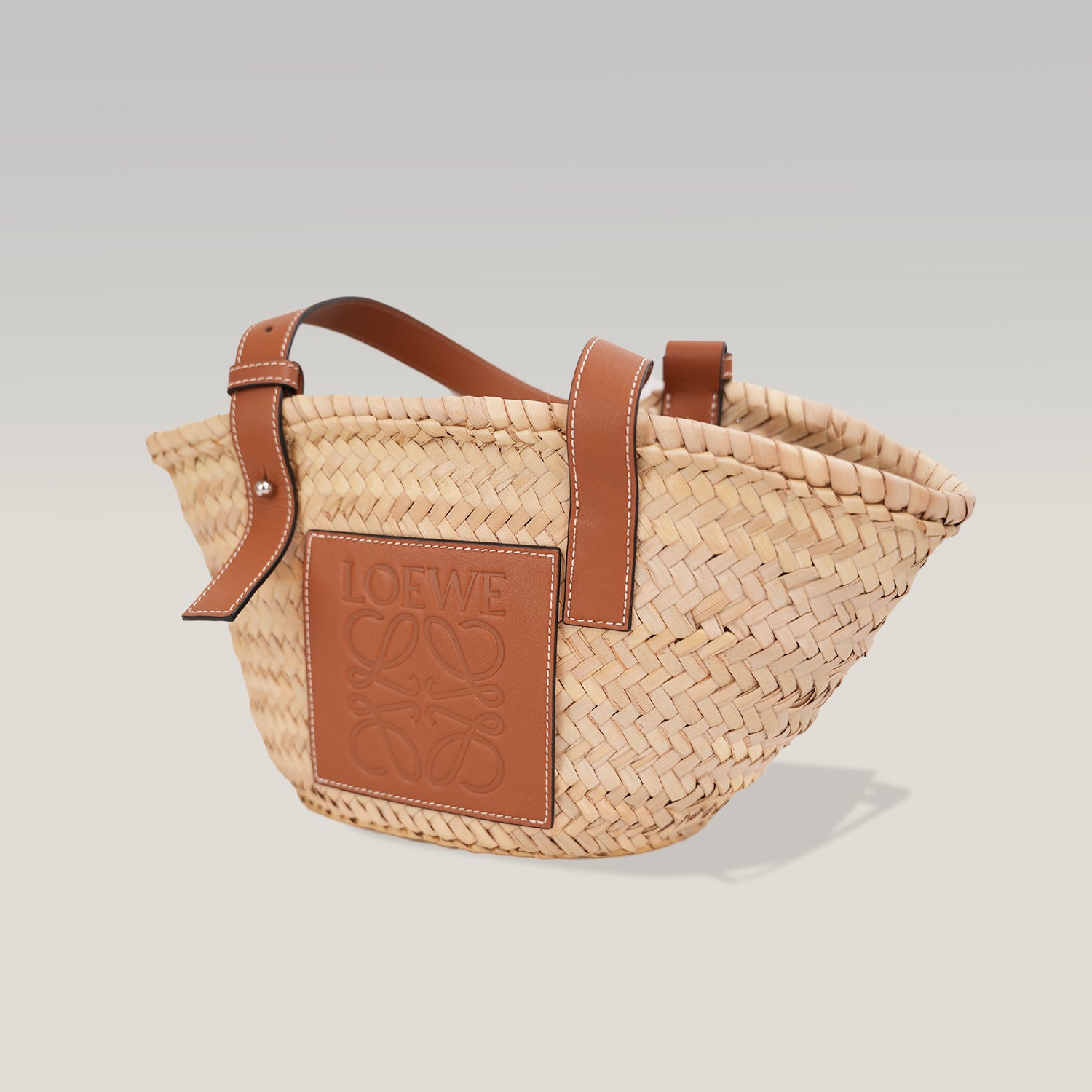 Loewe Basket Bag Small in Palma Intrecciata e Pelle di Vitello Marrone