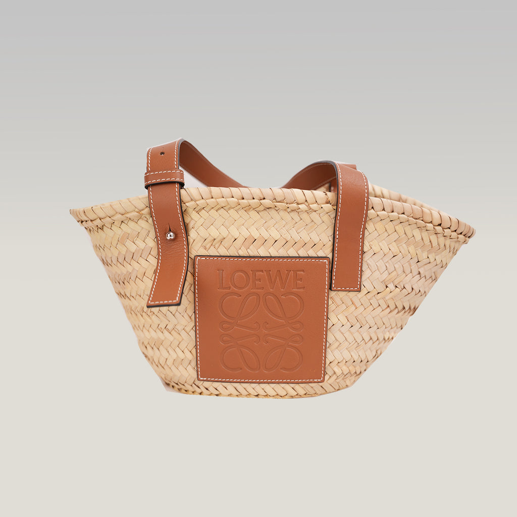Loewe Basket Bag Small in Palma Intrecciata e Pelle di Vitello Marrone