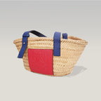 Loewe Small Raffia Basket Tote Bag in Natural with Blue Leather Handles