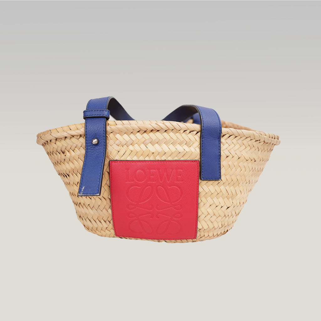 Loewe Small Raffia Basket Tote Bag in Natural with Blue Leather Handles