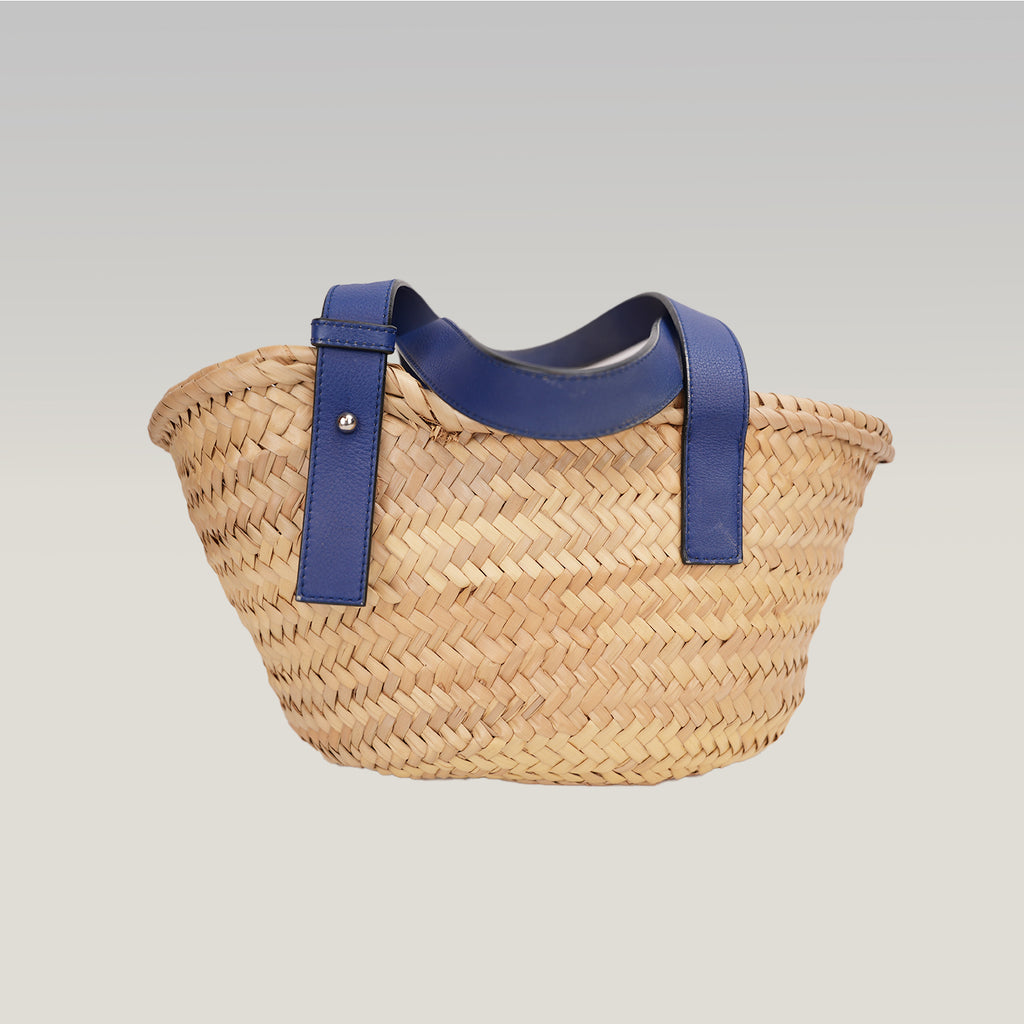 Loewe Small Raffia Basket Tote Bag in Natural with Blue Leather Handles