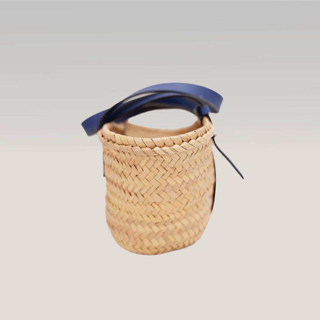 Loewe Small Raffia Basket Tote Bag in Natural with Blue Leather Handles