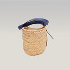 Loewe Small Raffia Basket Tote Bag in Natural with Blue Leather Handles