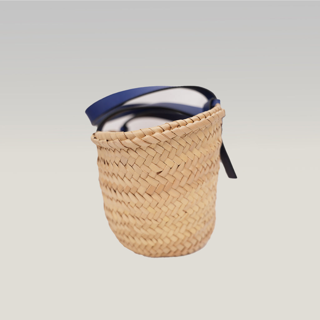 Loewe Small Raffia Basket Tote Bag in Natural with Blue Leather Handles