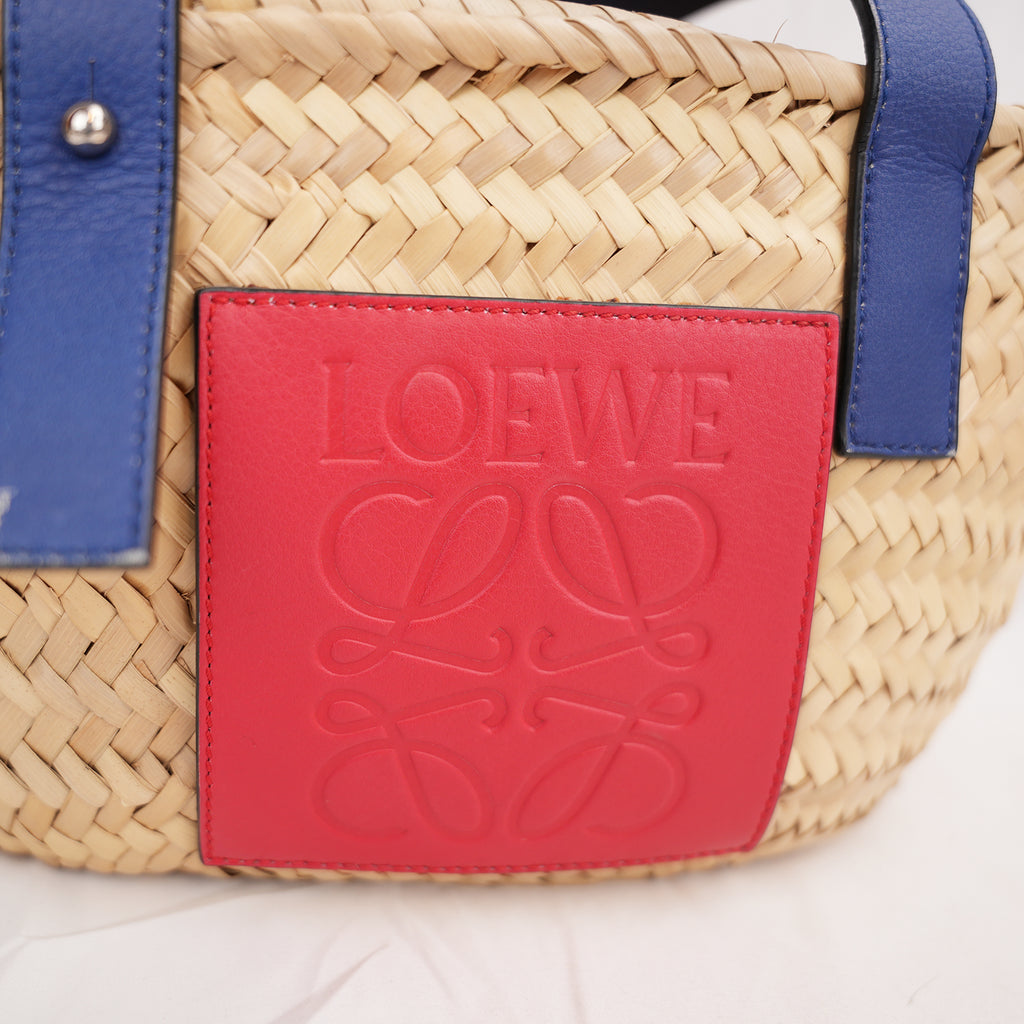 Loewe Small Raffia Basket Tote Bag in Natural with Blue Leather Handles